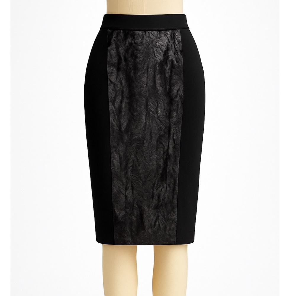 Black Stretch Pencil Skirt with Faux Feather Panel.